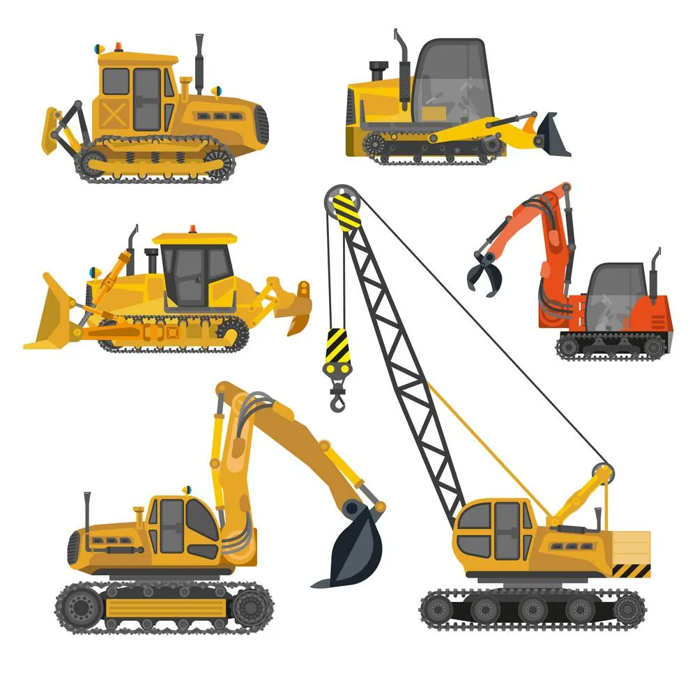 Illustration of excavators, bulldozers and a crane, building equipment application (Zigoal)