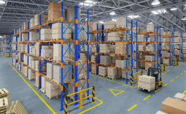 Warehouse with pallet racking and packed cartons ready for loading (Zigoal)