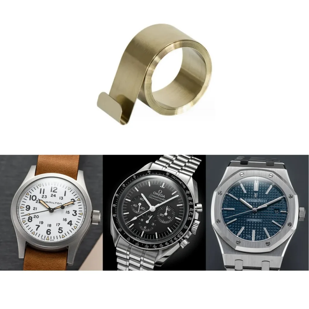 Clockwork spring shown above three wristwatches (Zigoal)