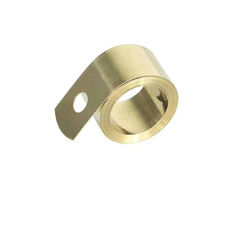 Custom power spring coiled from brass tone flat strip with mounting holes (Zigoal)