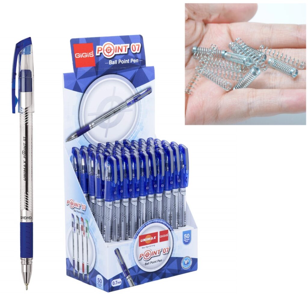 Ballpoint pens in a retail display with the small compression springs used inside (Zigoal)