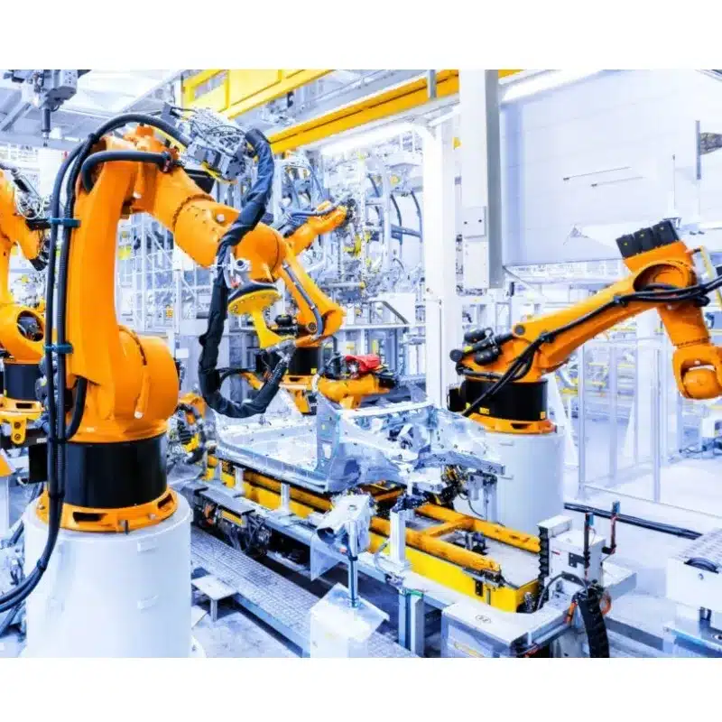 Industrial robot arms on an automated production line, robotics application (Zigoal)