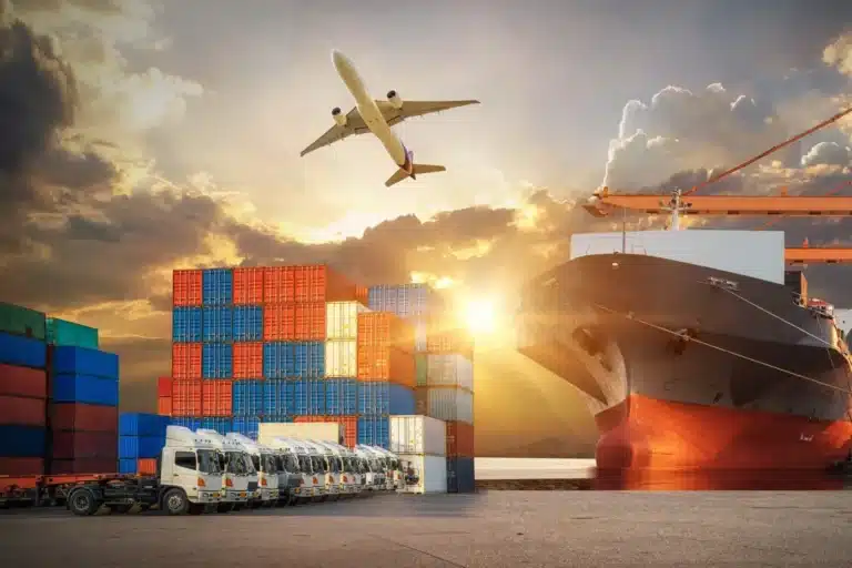 Container ship, trucks and cargo plane representing international shipping (Zigoal)