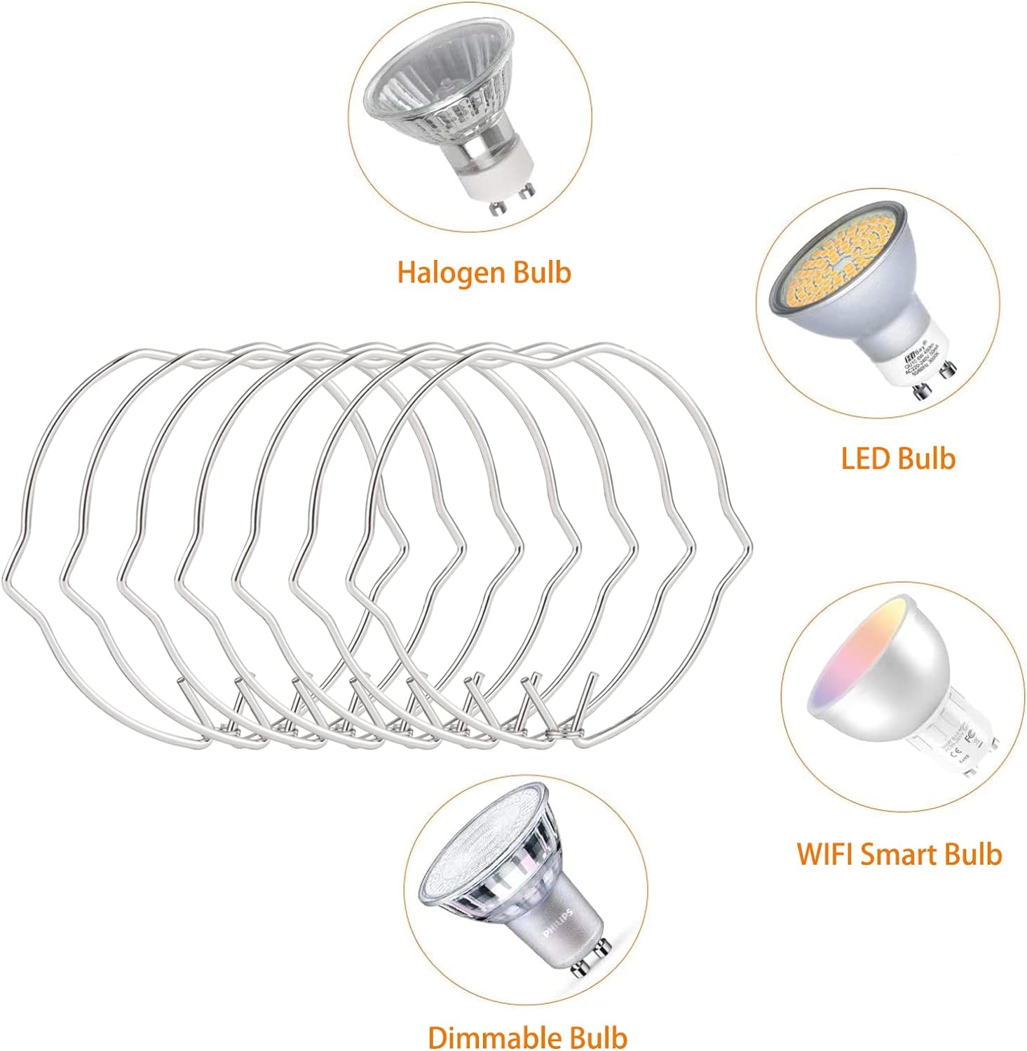 Wire spring clips shown with the halogen and LED bulbs they retain (Zigoal)