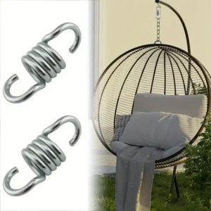 Porch Swing Spring: the Ultimate FAQ Guide 3 Porch swing springs with hooks next to a hanging egg chair