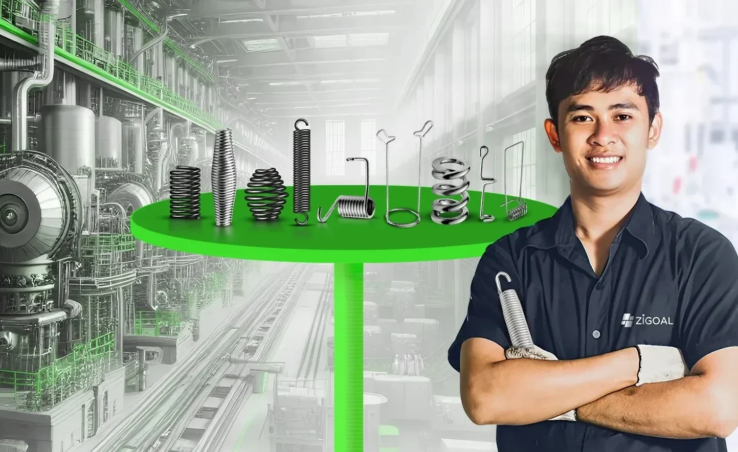 Technician presenting custom springs and wire forms in the spring factory (Zigoal)