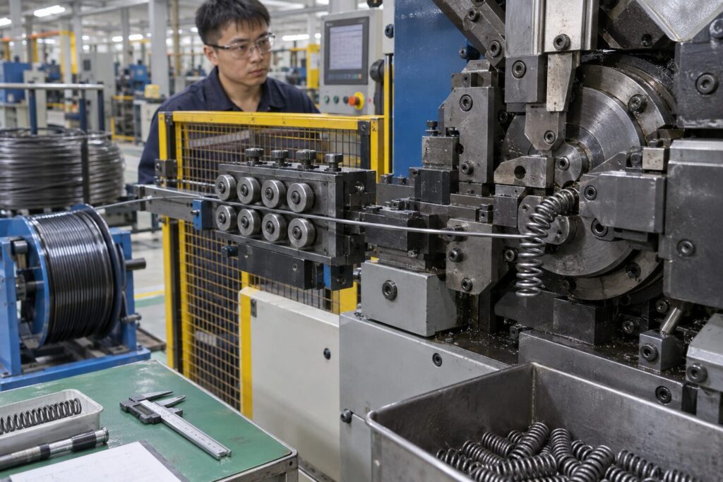 Music wire being formed into precision compression springs