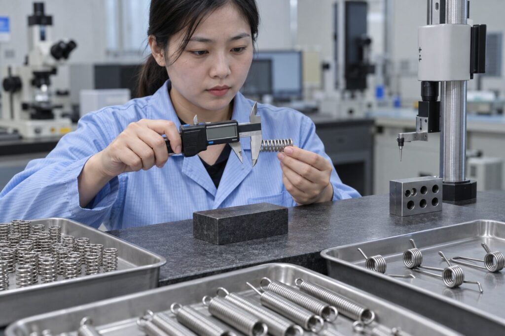 Stainless steel spring undergoing dimensional inspection