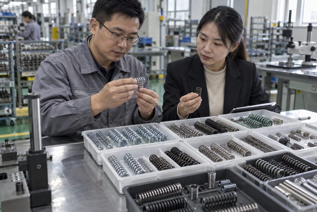Engineering and purchasing staff comparing spring finishes and costs